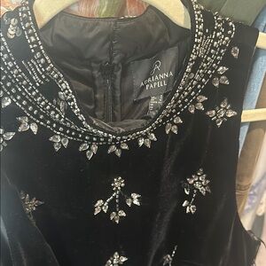 Adrianna Papell Black Velvet Dress with Silver Embellishments